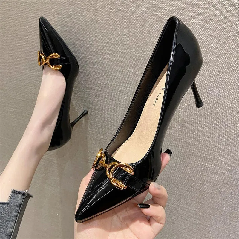 2025 775-26  commuter high-heeled single shoes women's Korean version professional patent leather high-heeled shoes horse buckle pointed stiletto women's shoes