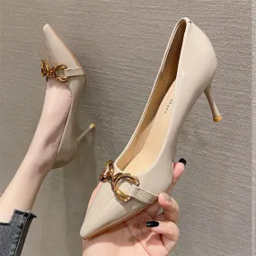 2025 775-26  commuter high-heeled single shoes women's Korean version professional patent leather high-heeled shoes horse buckle pointed stiletto women's shoes