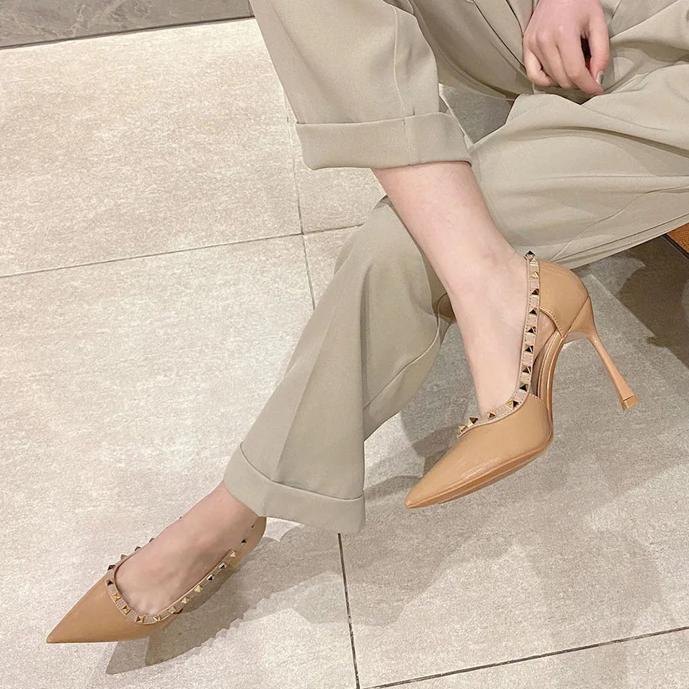 2025 988-8  sexy pointed high-heeled sandals women's Korean version hollow rivet high-heeled shoes women's stiletto sandals women's summer