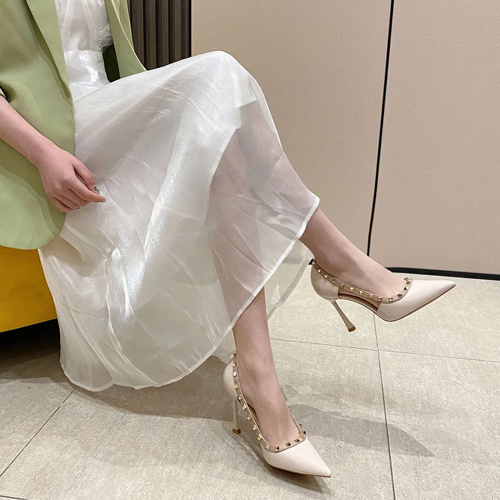 2025 988-8  sexy pointed high-heeled sandals women's Korean version hollow rivet high-heeled shoes women's stiletto sandals women's summer
