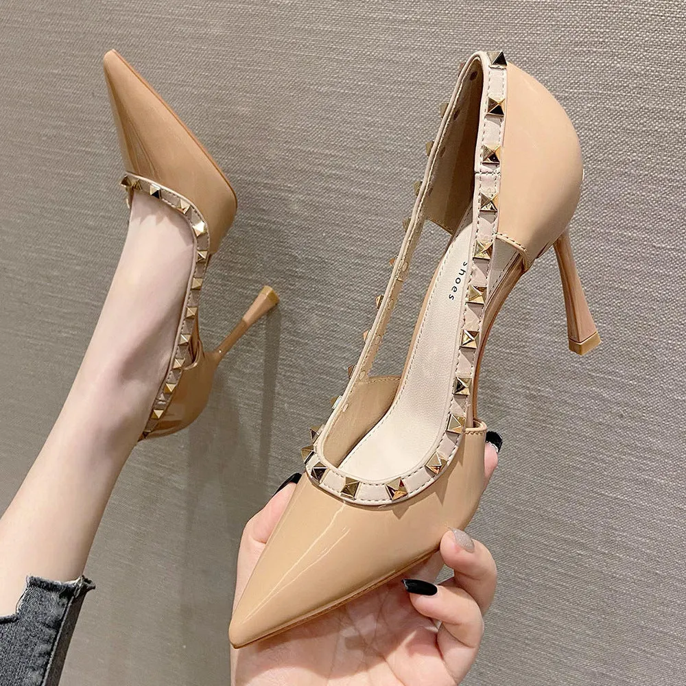 2025 988-8  sexy pointed high-heeled sandals women's Korean version hollow rivet high-heeled shoes women's stiletto sandals women's summer