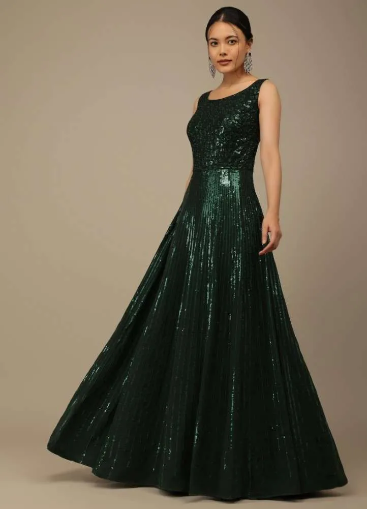 Bottle Green Sequins Embroidered Evening Gown In Georgette With Resham Work