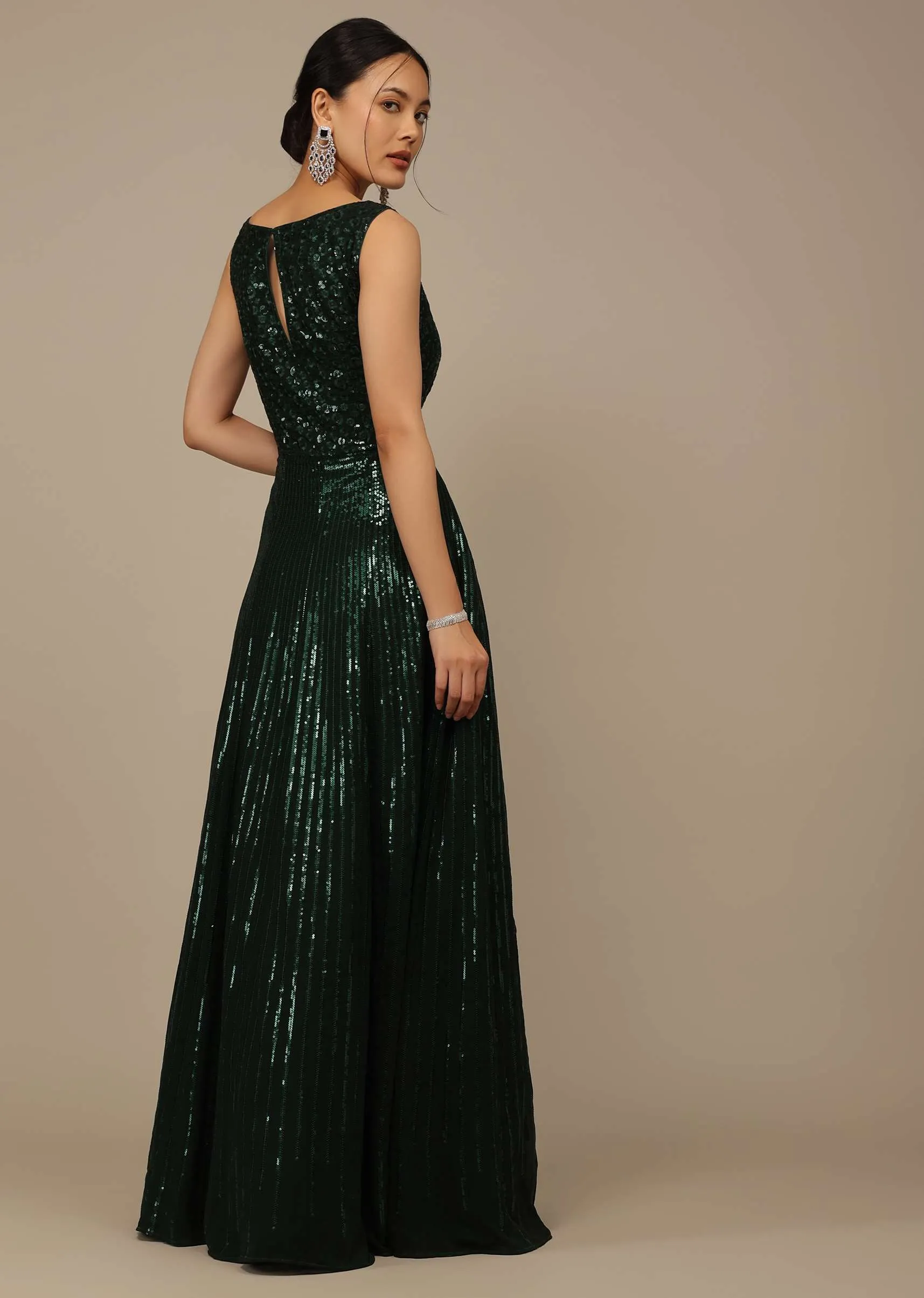 Bottle Green Sequins Embroidered Evening Gown In Georgette With Resham Work
