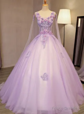 Charming Lavender Tulle Flowers Long Prom Dress, Sweet 16 Gowns