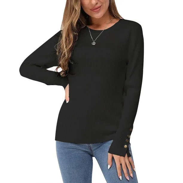 Fantaslook Sweaters for Women Knit Long Sleeve Crew Neck Button Stretch Fall Pullover Sweater