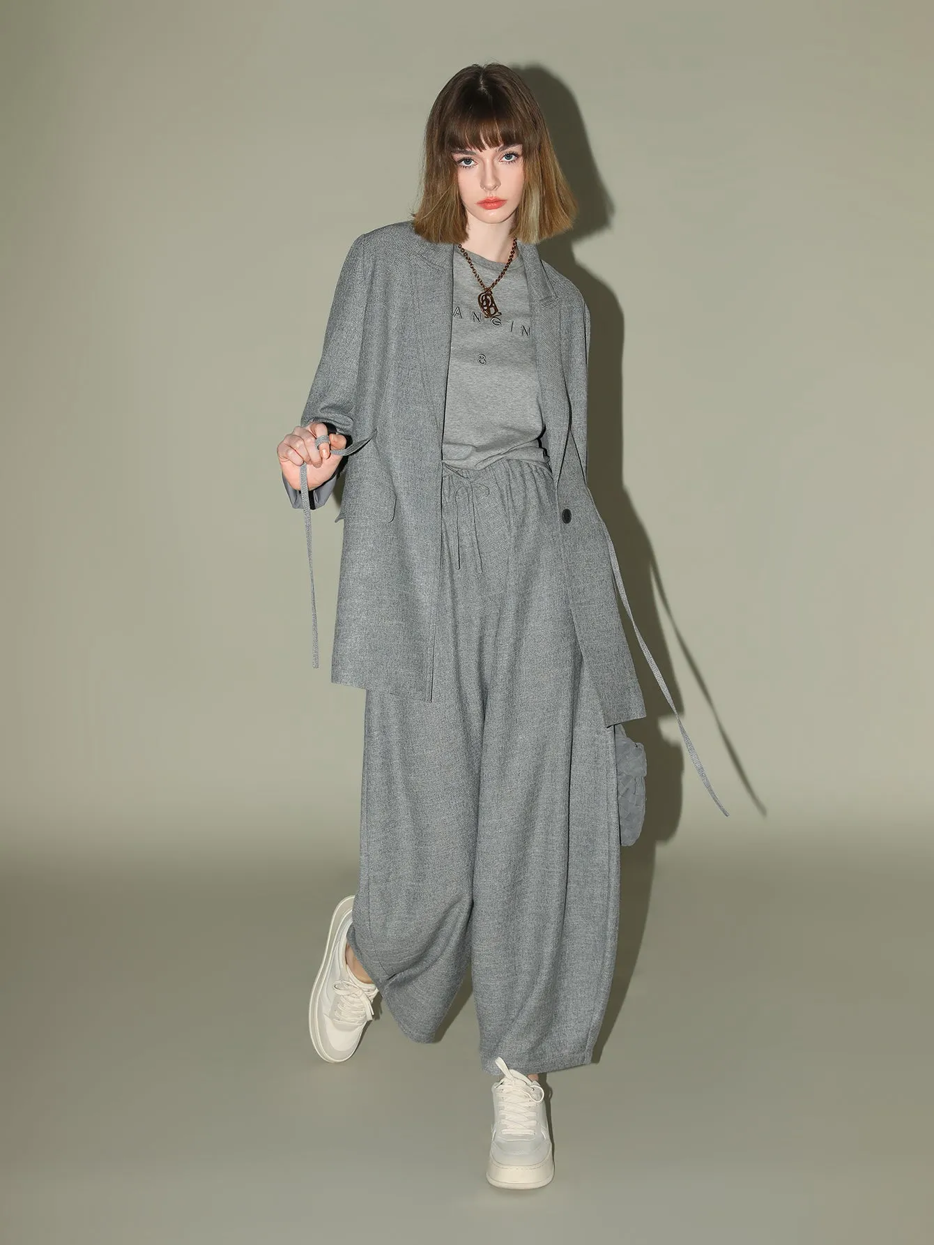 Grey Oversized Belted Blazer