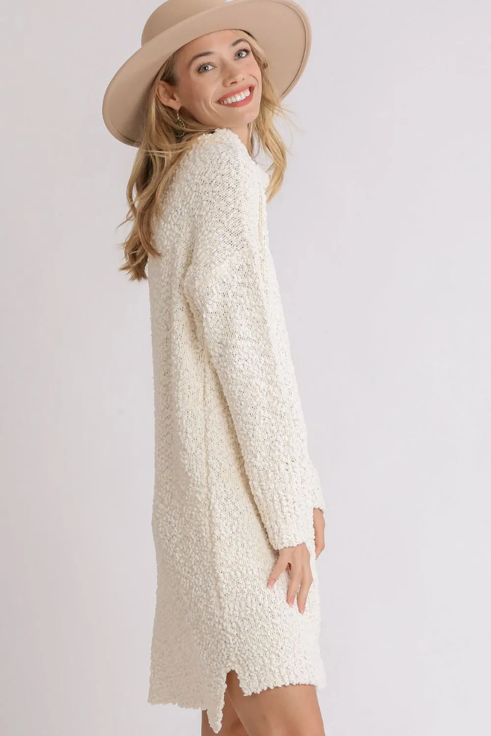 Ivory High-Low Bouclé Knit Sweater Dress