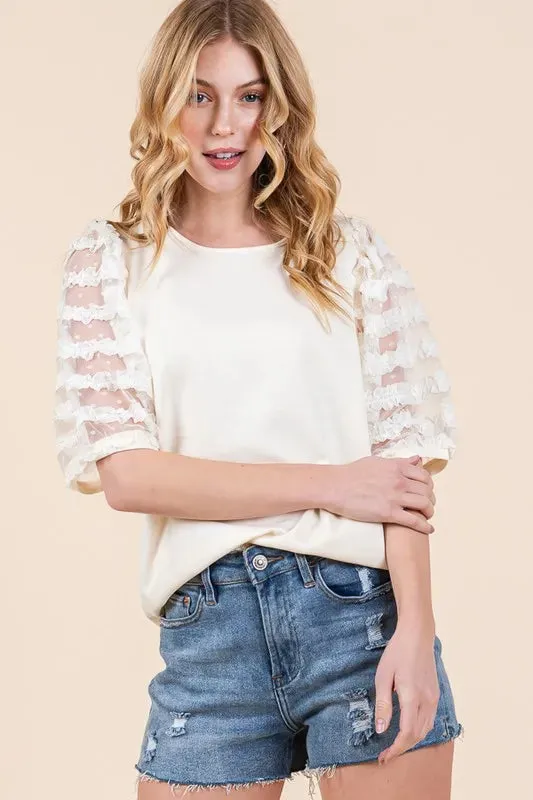 Ivory Lace Puff Sleeve Round Neck Top