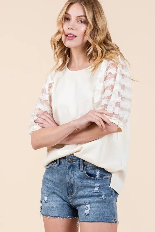 Ivory Lace Puff Sleeve Round Neck Top