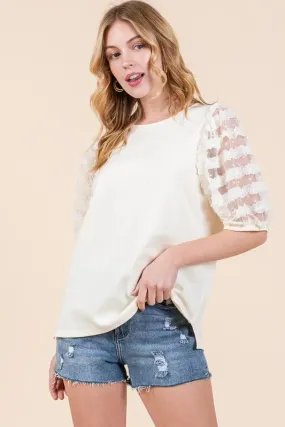 Ivory Lace Puff Sleeve Round Neck Top