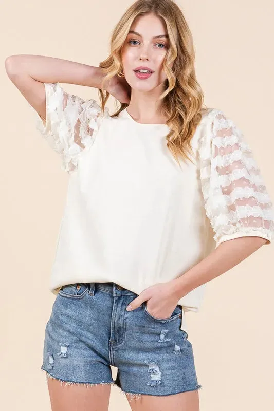 Ivory Lace Puff Sleeve Round Neck Top