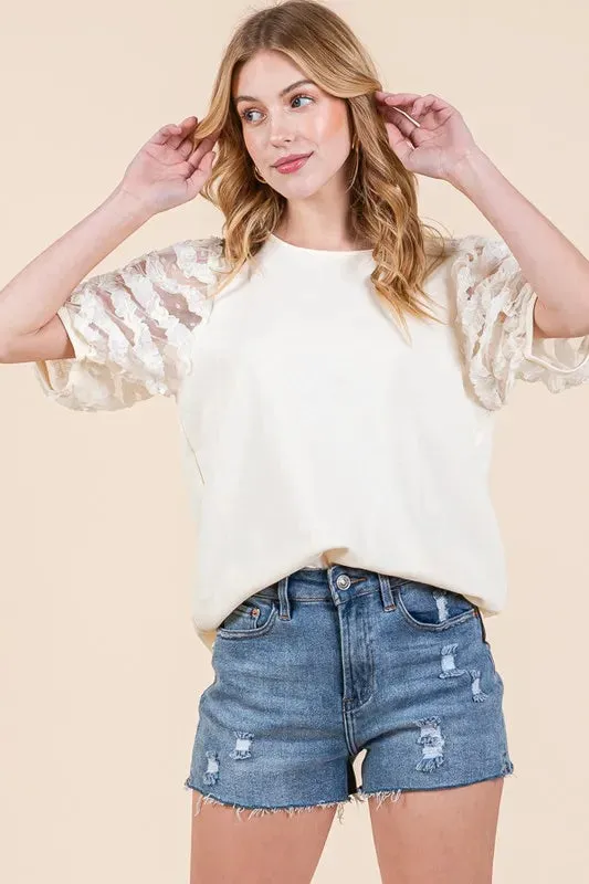 Ivory Lace Puff Sleeve Round Neck Top