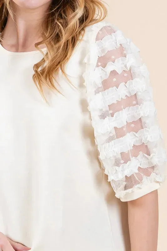 Ivory Lace Puff Sleeve Round Neck Top