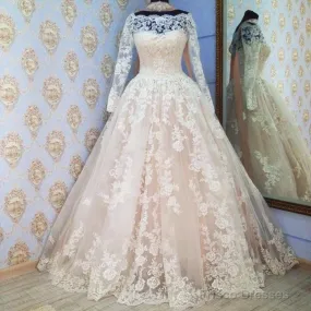 Long Sleeves Ball Gowns Lace Wedding Dress Champagne