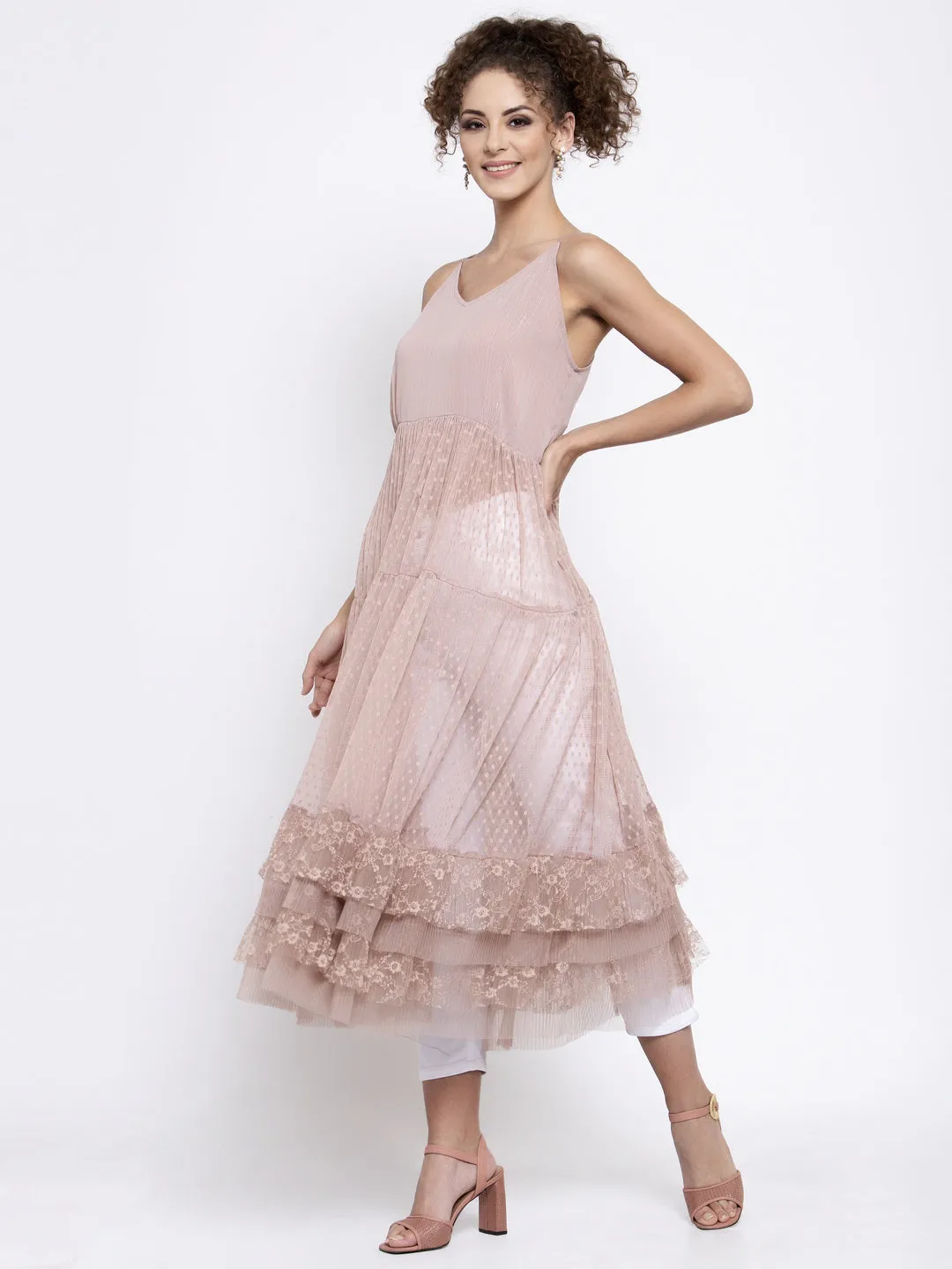 Pink Dotted Net Dress With Frill