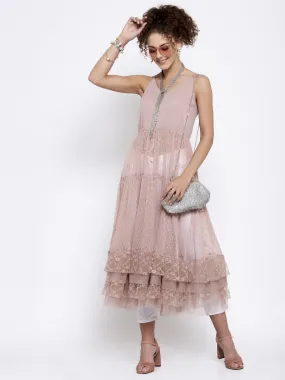 Pink Dotted Net Dress With Frill