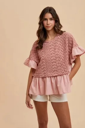 Rose Pink Mixed Media Ruffle Knit Peplum Top