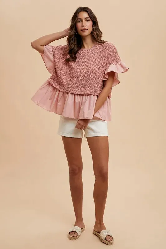Rose Pink Mixed Media Ruffle Knit Peplum Top