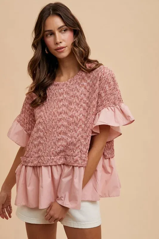 Rose Pink Mixed Media Ruffle Knit Peplum Top