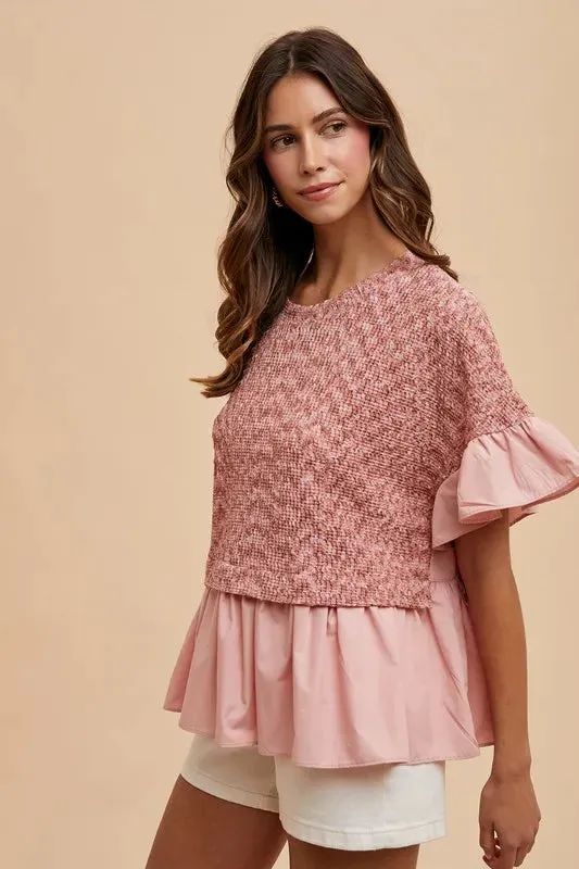 Rose Pink Mixed Media Ruffle Knit Peplum Top