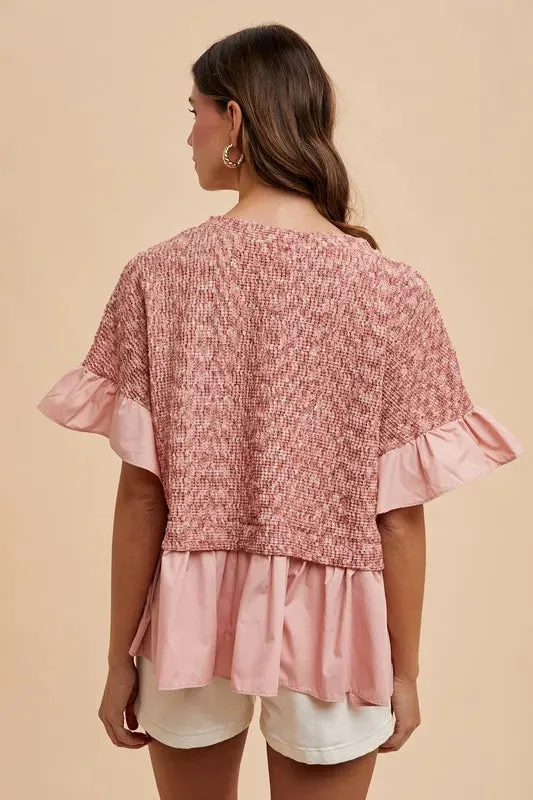 Rose Pink Mixed Media Ruffle Knit Peplum Top