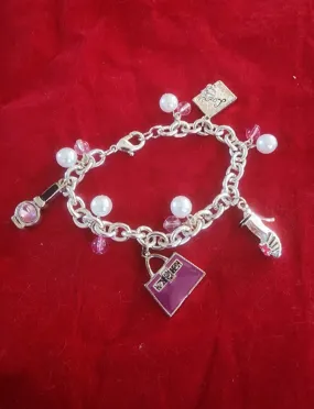 Silver Tone Charm Bracelet with pearl & Pink  beads and Charms