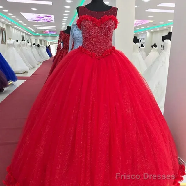 Tulle Scoop Neck Crystal Beaded Bodice Ball Gowns Flower Wedding Dresses