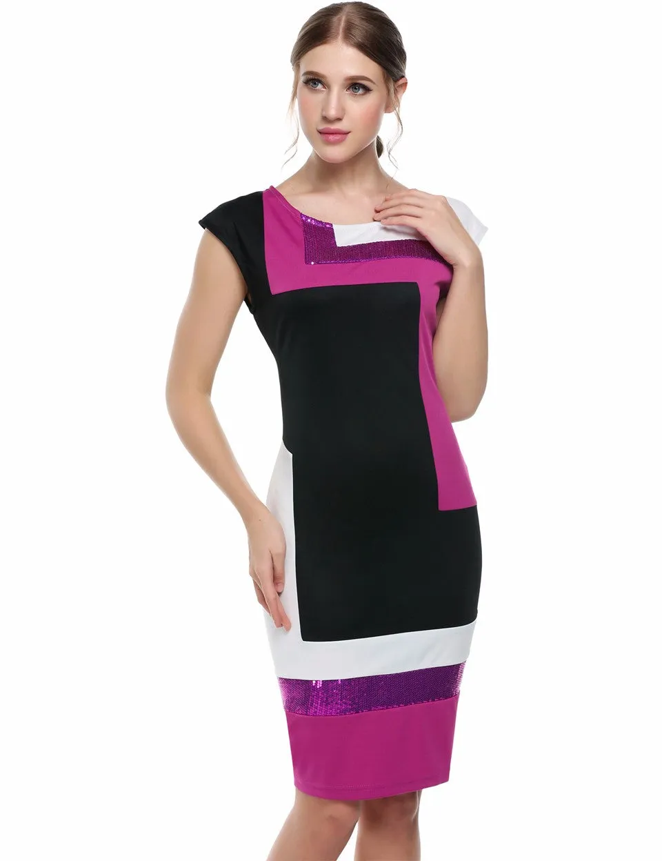 VenusFox Fashion Geometrical Short Sleeve O-neck Pencil Bodycon Dress