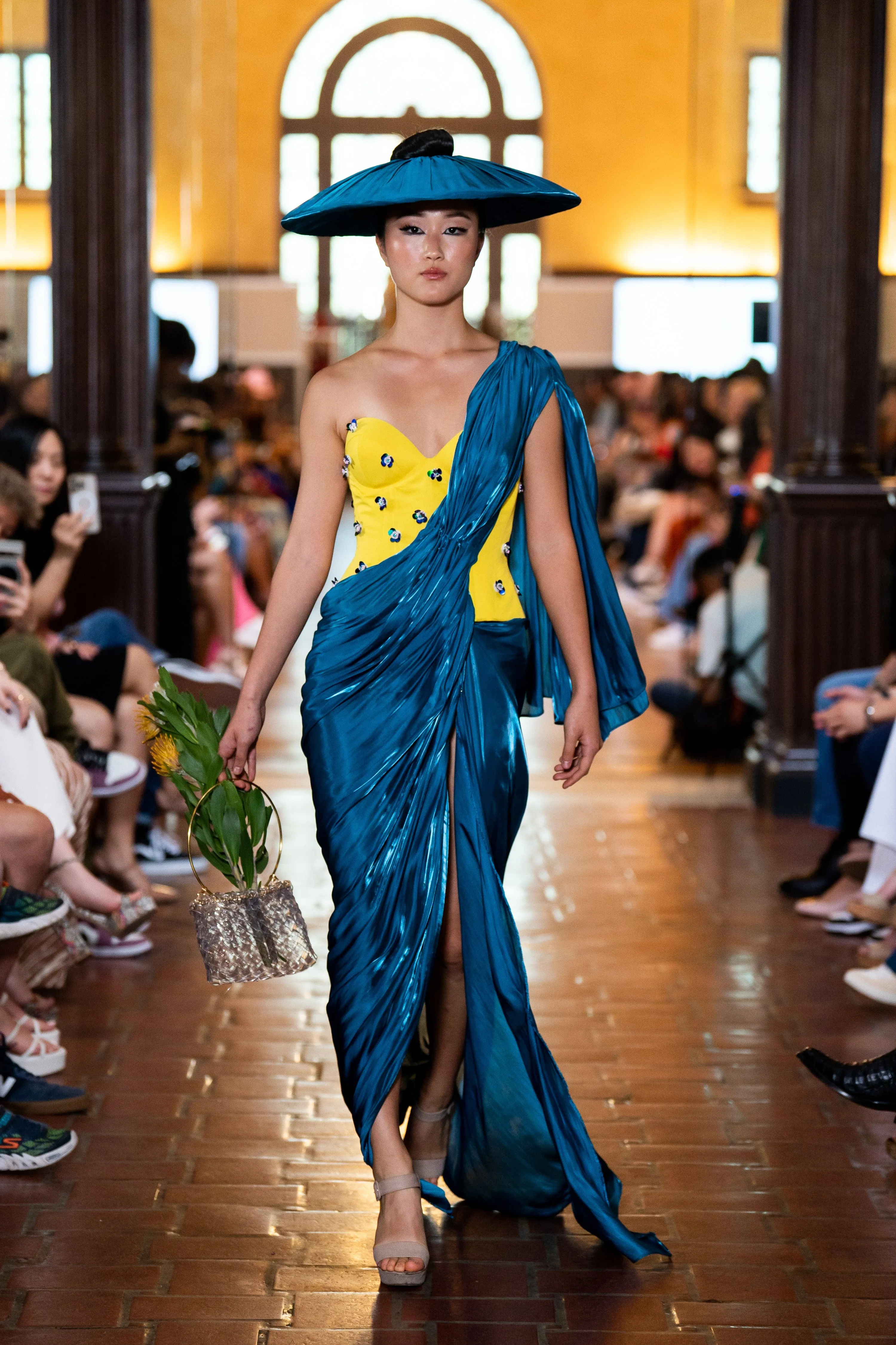Yellow Flower Corset with Teal Drape Dress