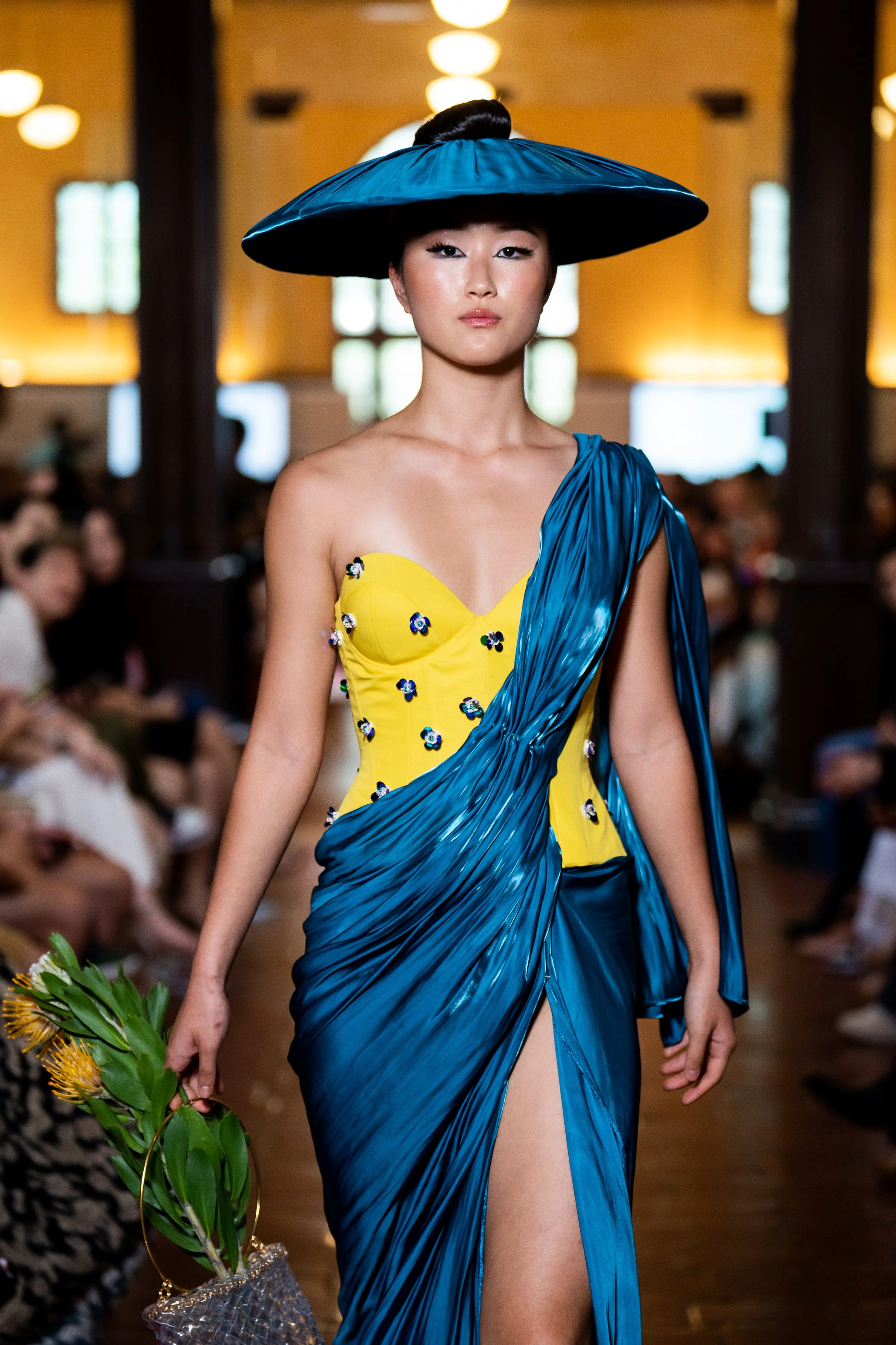 Yellow Flower Corset with Teal Drape Dress