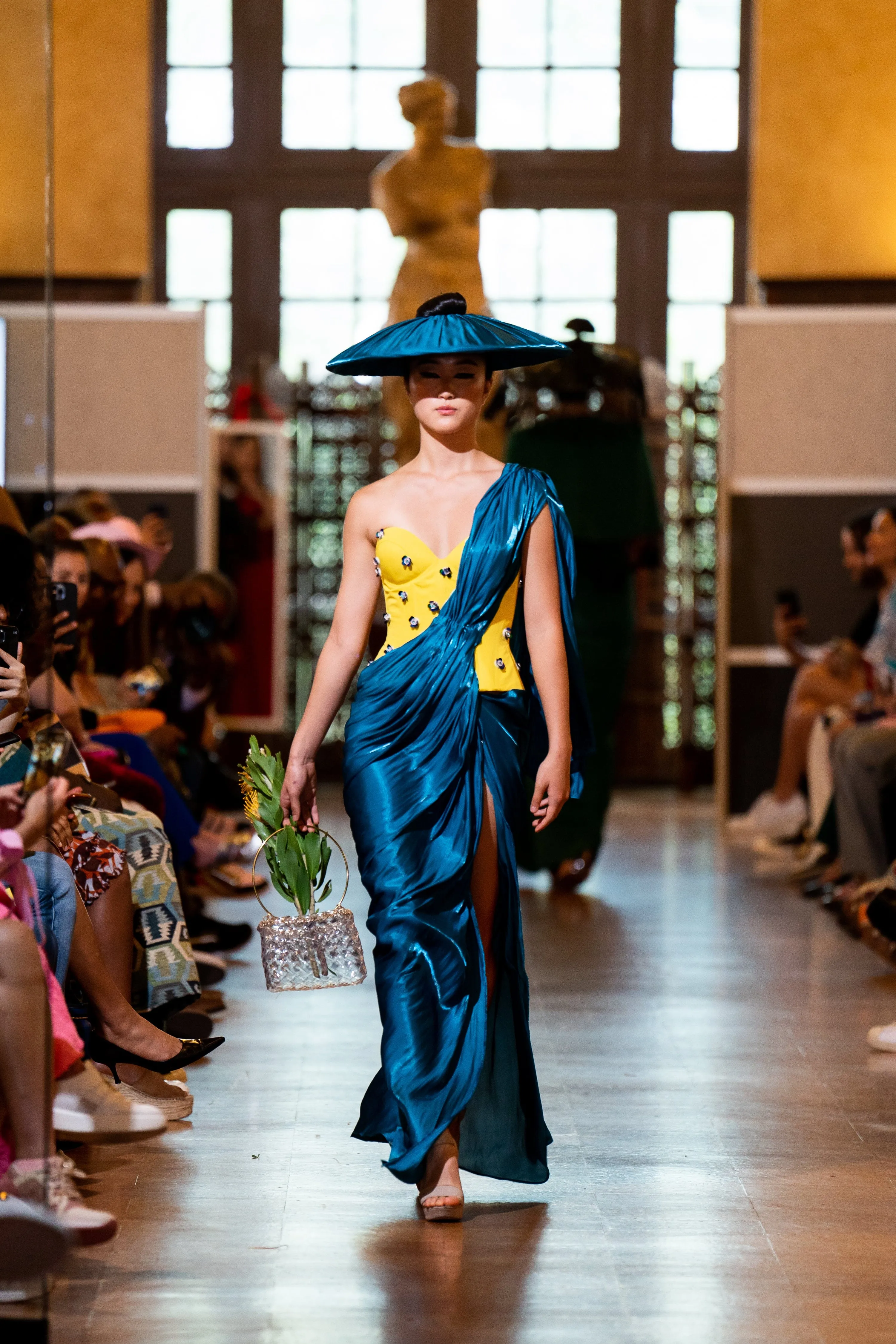 Yellow Flower Corset with Teal Drape Dress